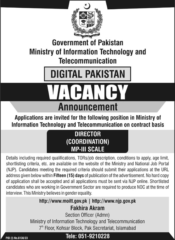 Government of Pakistan Ministry of Information Technology and Telecom Jobs