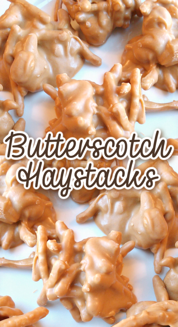 Butterscotch Haystacks! An easy no-bake recipe with crunchy chow mein noodles and salty peanuts covered in buttery, sweet butterscotch. These eat a lot like chocolate covered pretzels with a perfect combo of salty and sweet!