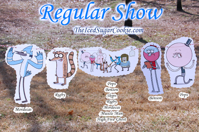 Regular Show Birthday Party DIY Flag Bunting Banner Garland Idea-Mordecai, Rigby, Pops, High Five Ghost, Skips, Muscle Man, Benson