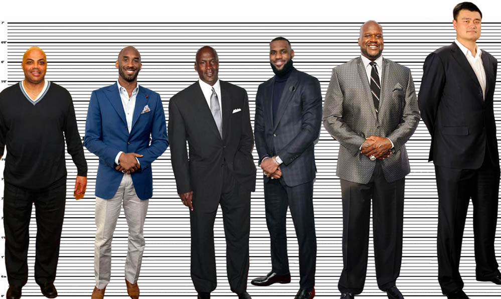 Michael Jordan height comparison with other greats, Charles Barkley (6'5"), Kobe Bryant (6'5"), Lebron James (6'7.5"), Shaquille O'Neal (7'1") and Yao Ming (7'5.5")