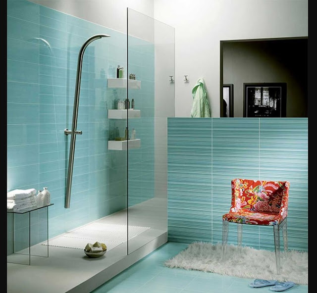 Bathroom Blue Wall Tile Designs Ideas with Glass Door Ideas Also Using White Rugs Decoration