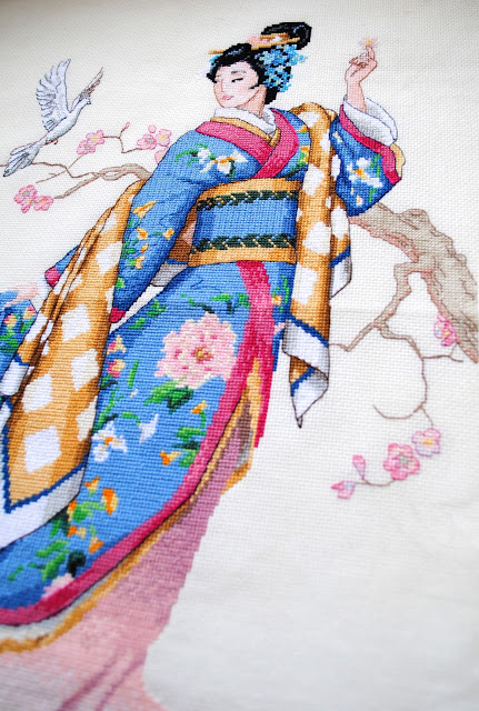 Dimensions Gold Elegance of the Orient Cross Stitch Work in Progress Oriental lady kimono WIP