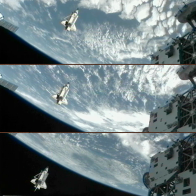 Shuttle Discovery: Fly-by around ISS with the cargo bay open and Canadarm1 exposed. Surveying the ISS – 7 march 2011. NASA, 2011.