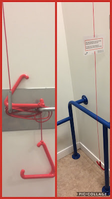 The photo on the left is of a tightly tied up red cord. The photo on the right is of the cord hanging freely ad accessible to be used.