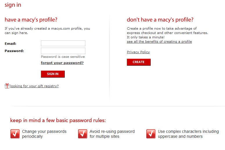 Macy's sign in page screenshot