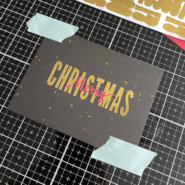 Christmas card made with Scrapbook.com A2 Christmas smooth cardstock, gold foil alpha stickers, metallic gold re-inker and mini Merry Christmas word die.