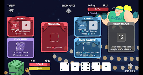 Dicey Dungeons - The Thief die fights Audry the body builder, with Dagger, Poison Needle, Bloodsuck, Snowball and a Glass Cauldren