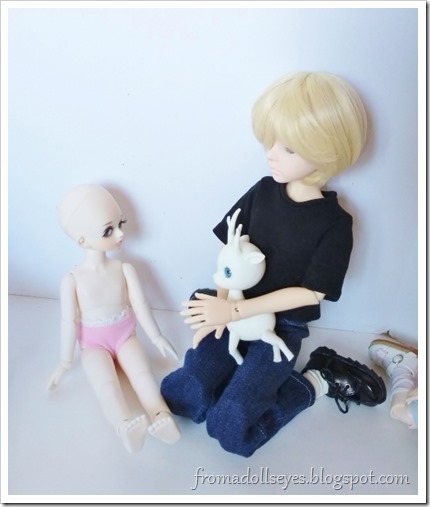 The new is being introduced to the msd sized boy doll (Yuki) who is holding a small white deer doll (Shiro).