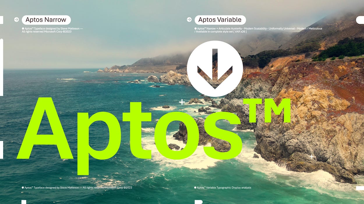 Ultra saturated picture of a blue ocean crashing into a brown mountain in Aptos, California. The word Aptos is blown up in the left center of the frame. The word is bright lime green and it's font is Aptos.