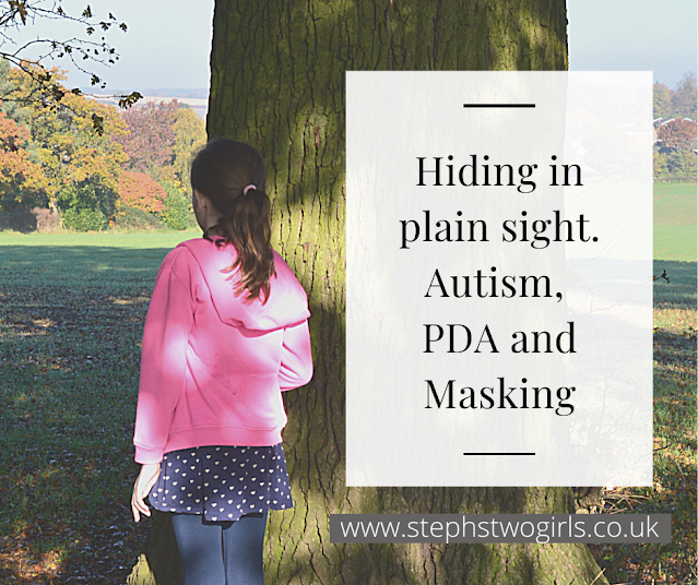 photo of a girl from behind, girls is half hiding behind tree looking over field. text states 'Hiding in plain sight. Autism,PDA and masking'