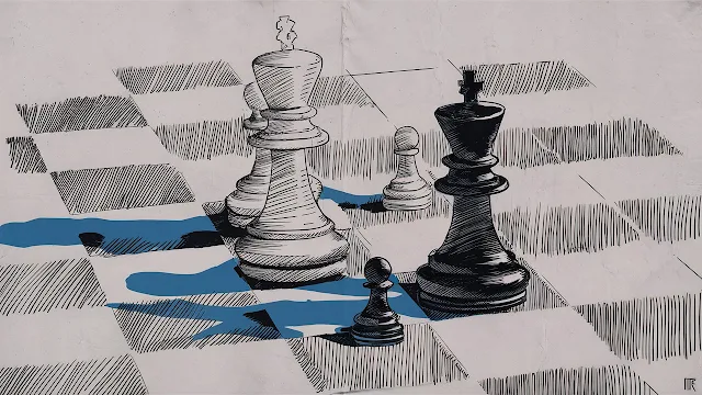 A captivating minimalist line art drawing, inspired by the exceptional skills of Albrecht Dürer, masterfully captures the essence of a tense chess game. At the center, a finely crafted chessboard is presented, with Dürer's signature hatching and cross-hatching techniques used to meticulously shade the squares. Two opposing kings, one white and the other black sit at the far ends of the board, reflecting the intensity of the match, while a few well-placed pawns are scattered around, indicating strategic moves. The blue shadows cast by the chess pieces add a touch of color, drawing the viewer in and enhancing the depth and form of the scene. This remarkable piece of art showcases Dürer's artistic genius through its precise linework, attention to detail, and timeless appeal, making it a stunning poster and illustration