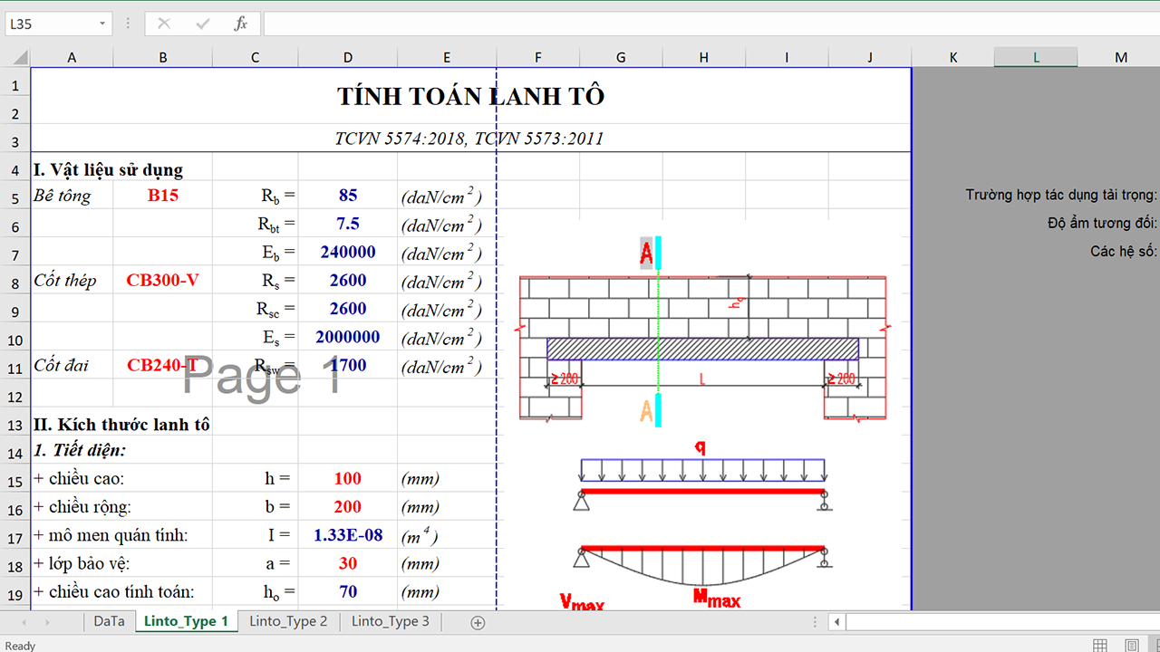 Bảng Excel tính lanh tô BTCT theo TCVN 5574-2018