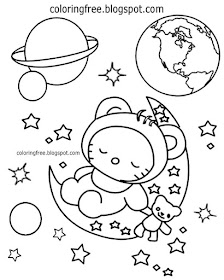 Planet earth night sky printable outer space coloring book Hello Kitty girl in the moon with stars