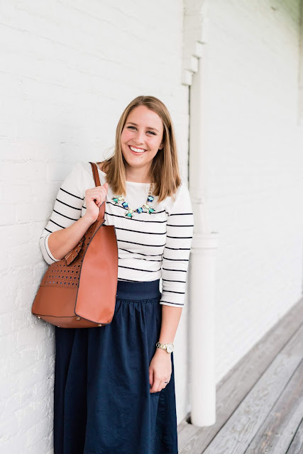 Navy Midi Skirt Outfit // Pugs and Pearls Blog