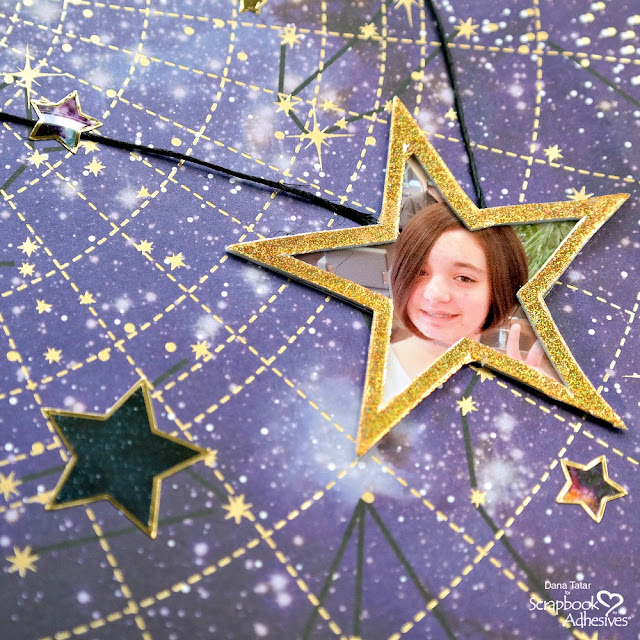 Constellation Scrapbook Layout with Holographic Foiled Star Photo Frames and Twinkle Adhesive Dots Galaxies