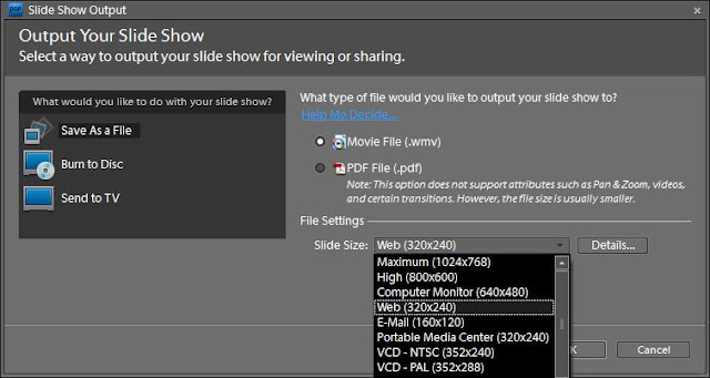 Posted by Ripple (VJ) : Slideshows in Adobe Photoshop Elements : A Unique way to create sharable content(Video or PDF) out of your Photographs : Most of you must be knowing about popular slideshows in Adobe Photoshop Elements. I have impressed my friends may times through PDF Slideshows which are very unique... If you don't know, let me share that Slideshow feature helps us creating a PDF file out of photographs which can be played as Slideshow with background music and nice ransitions... Just check it out.. Other option to output a slideshow is to convert it into a WMV video... Lets see how can we create a Slideshow in Adobe Photoshop Elements Orgaizer....Slideshow project can be exported as Video WMV in different sizes you can see above.... Check out one of my video created through Slideshow