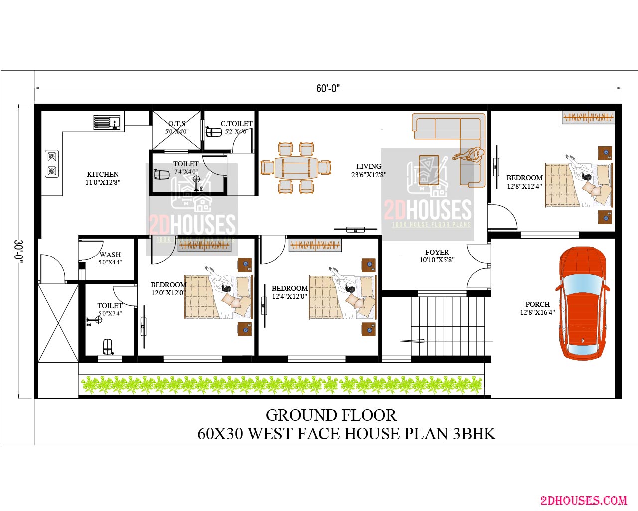 60 by 30 house design west facing 3bhk