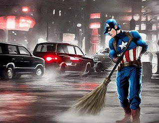 Funny Story: Captain America Sweeps the Dirty Streets After a Big Battle