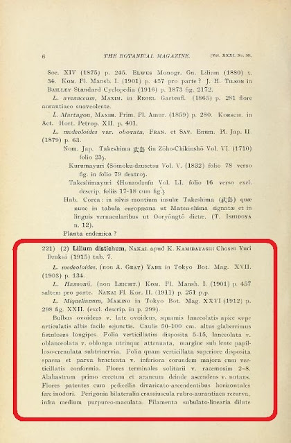 Описание лилии двурядной, сделанное ботаником Такэносин Накаи в 1917 году в The Botanical magazine