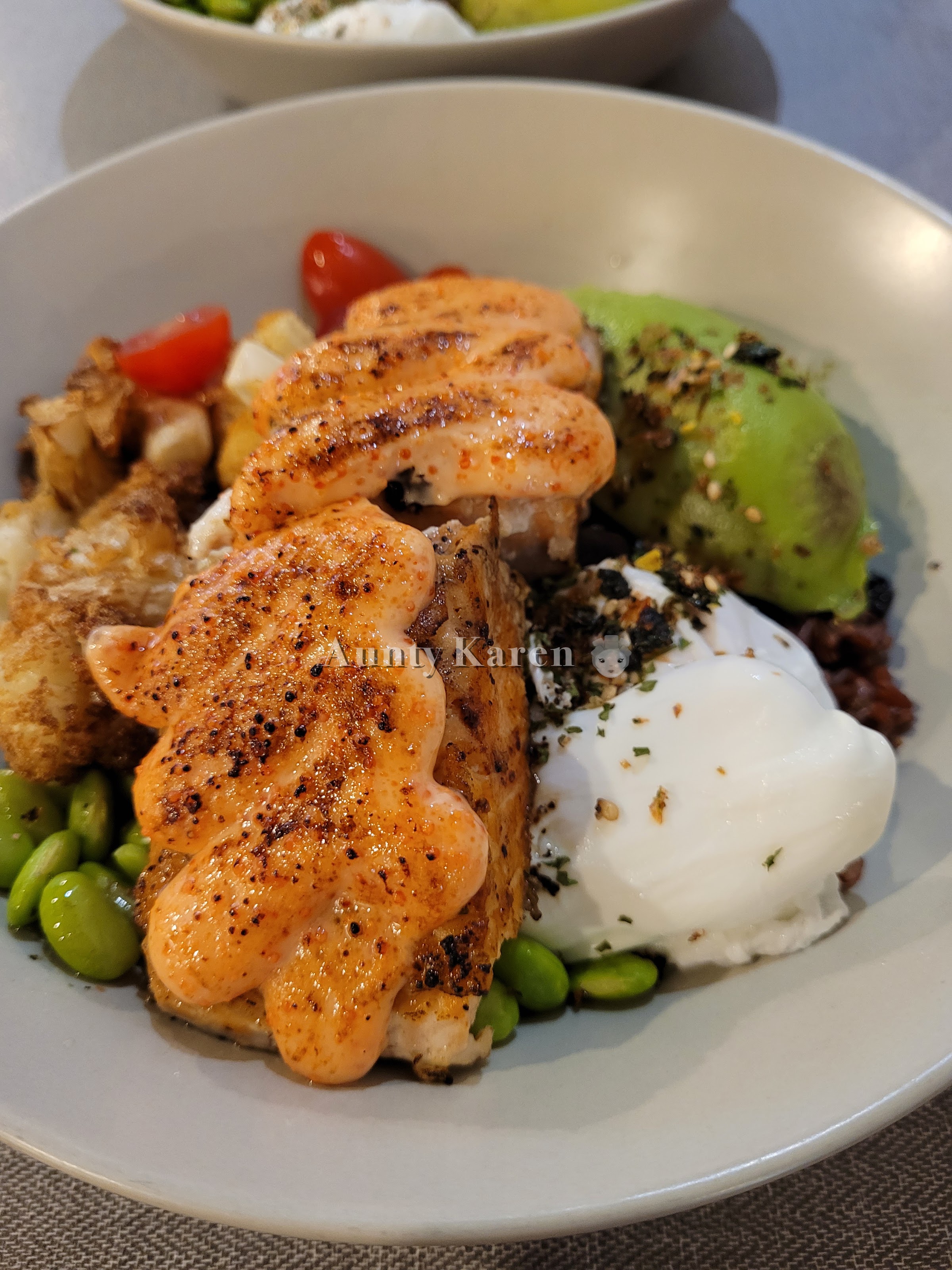 Close-up of Salmon Mentaiko Bowl with brown rice from Group Therapy Coffee at Katong V