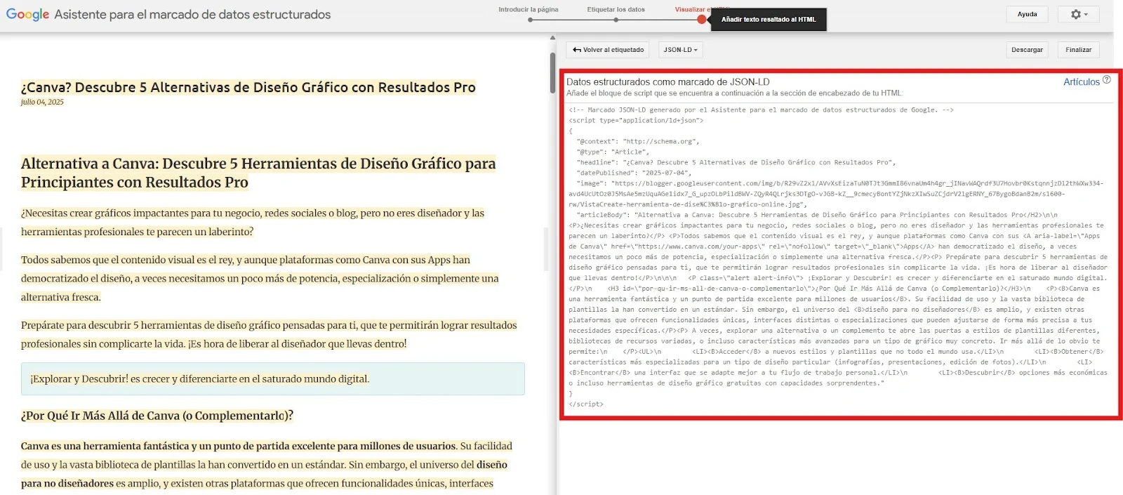 Captura de pantalla del Rich Snippets HTML para Blogger JSON-LD