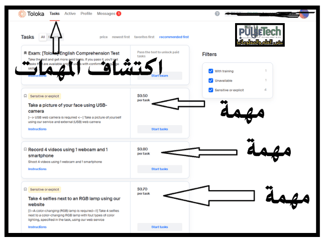 واجهة الموقع مع المهام على Toloka