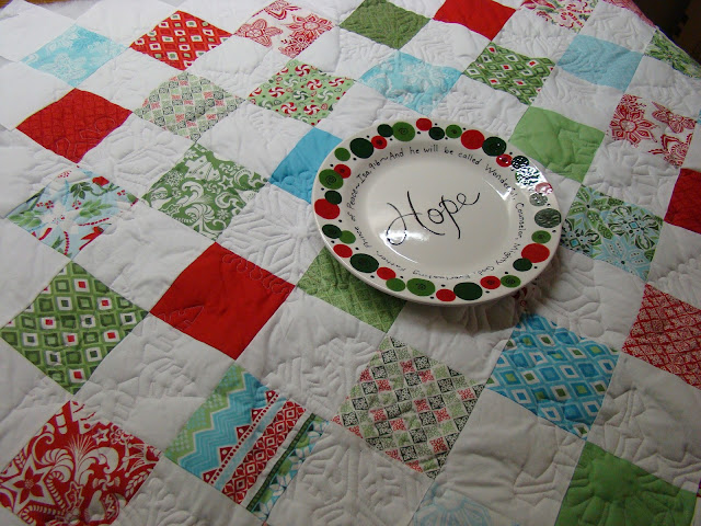 On point charm square Christmas quilt with Kate Spain Flurry fabric