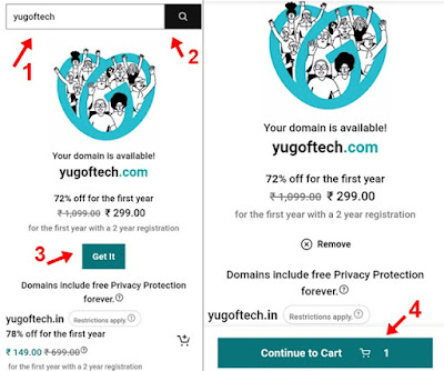 Domain name search kar got it par click kar continue to cart par click kare