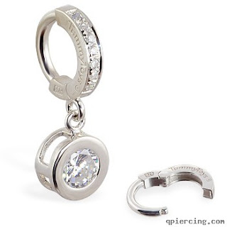 Silver Tummytoys belly sleeper ring with dangling bezel CZ, 14 ga