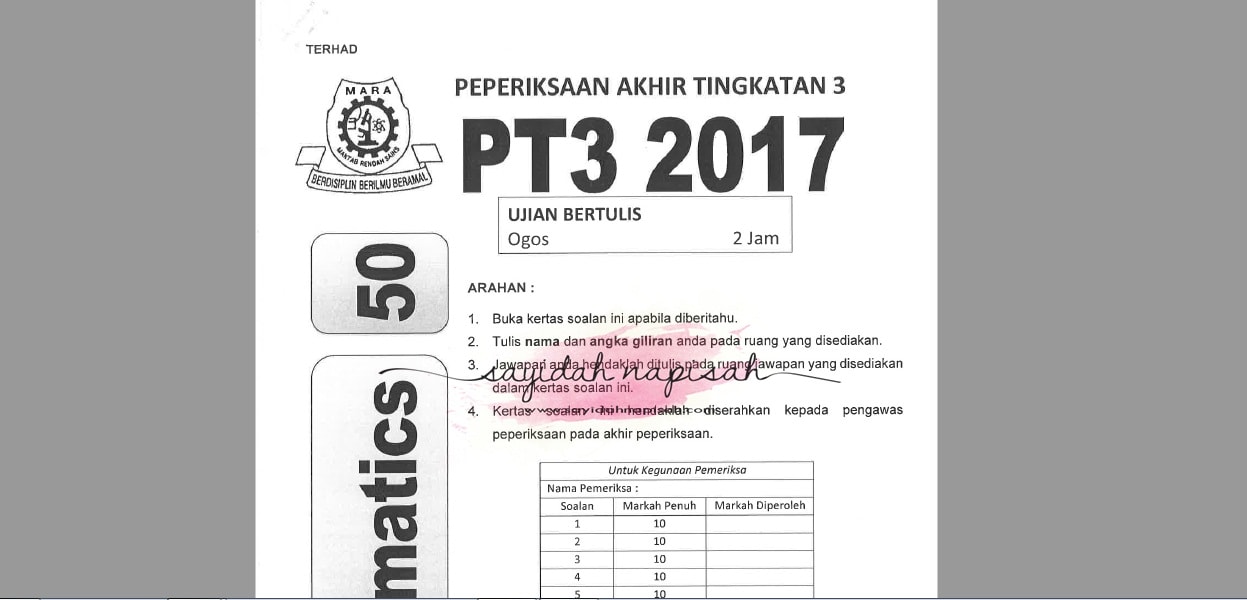 Soalan Percubaan PT3 2017 Matematik + Skema Jawapan  MRSM 
