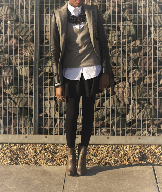 Inch2ThePoint, Zara faux leather sleeve blazer, black skater skirt River Island