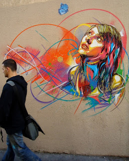 C215, street art, mural, large, stencil, girl, colorful, beautiful