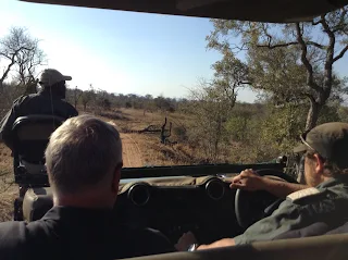 Foreground of photo is two men in the front seat of a large vehicle. The man on the right is the driver and is wearing an olive green shirt and hat. On the left side in front of the passenger is a man in a dark shirt and khaki baseball hat sitting in a char bolted to the hood of the jeep. In front of the vehicle is a dirt road and some trees with very sparse foilage