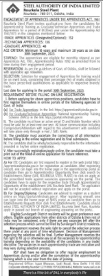 SAIL Rourkela Apprentice Jobs Notification 2023 for 336 Posts    Steel Authority of India Limited (SAIL), Rourkela Steel Plant issued a job advertisment through SAIL Rourkela Apprentice Jobs Notification PDF for 336 Trade Apprentice, Graduate Apprentice, Technician Apprentice posts. Eligible candidates can apply for SAIL Rourkela Apprentice Jobs 2023 before the closing date i.e 30th September 2023. The link to submit the SAIL Rourkela Steel Plant Apprentice Online form 2023 is provided in the below sections of this article.  SAIL Rourkela Apprentice Jobs Notification 2023