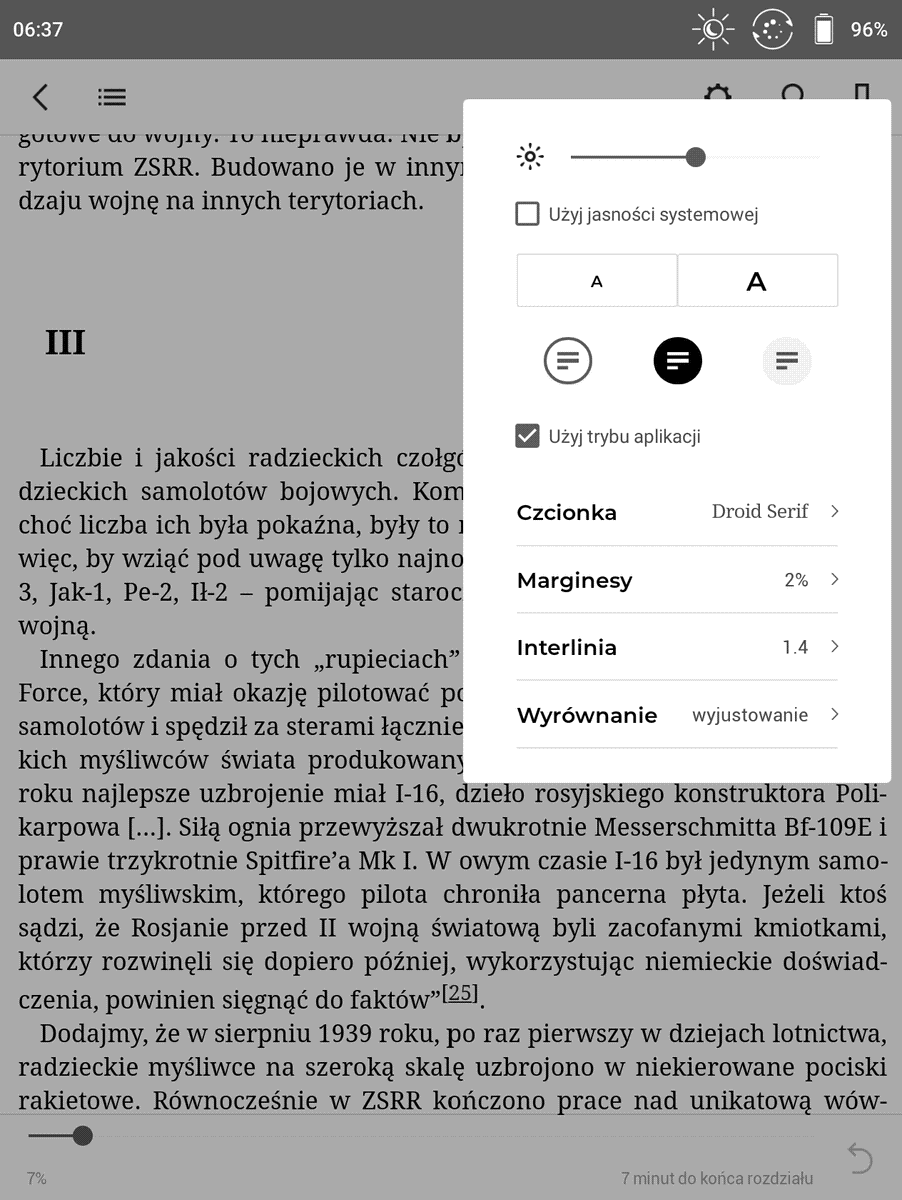 Onyx Boox Leaf – ustawienia czcionki i układu tekstu w aplikacji Legimi