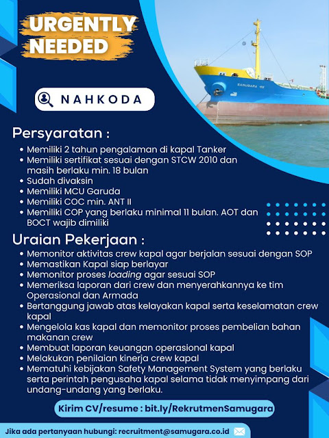 Lowongan Kerja Nakhoda dan Juru Mudi di Kapal Tanker April 2024