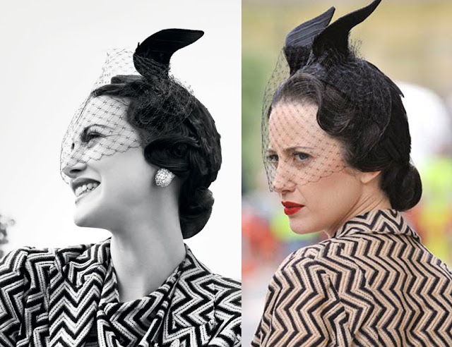 Fabulous Film Fashions W.E.  - Wallis - Beige & Black Zigzag Suit With A Winged Vail Hat 