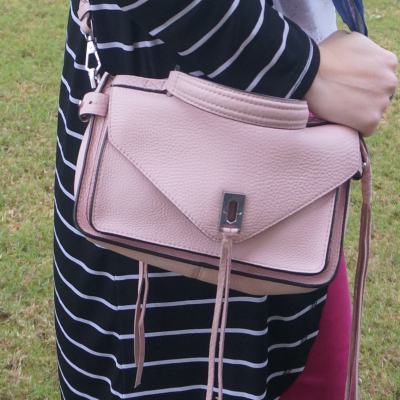 striped cardigan, Rebecca Minkoff small Darren messenger bag in peony | awayfromblue
