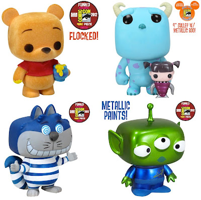 San Diego Comic-Con 2012 Exclusive Disney Pop! Vinyl Figures by Funko - Flocked Winnie the Pooh, Monsters, Inc. 2 Pack (9 Inch Sulley and Metallic Boo), Blue Cheshire Cat & Metallic Alien