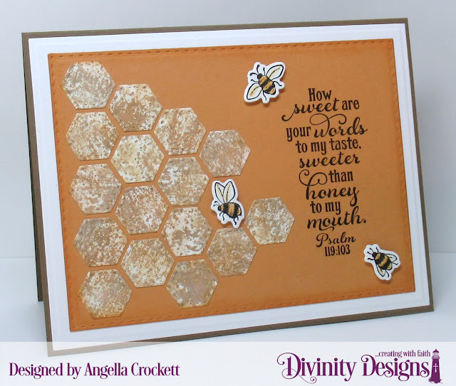 Divinity Designs LLC Bee-Lieve Stamp/Die Duos, Custom Dies: A2 Landscape Card Base with Layers, Quilted Honeycomb Background, Double Stitched Rectangles; Card Designer Angie Crockett