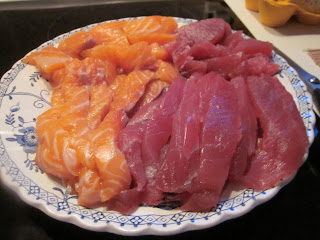 Sliced salmon and tuna