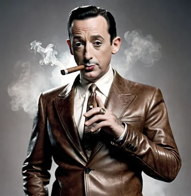 Pee-wee Herman from the waist up smoking a cigar wearing a brown leather blazer