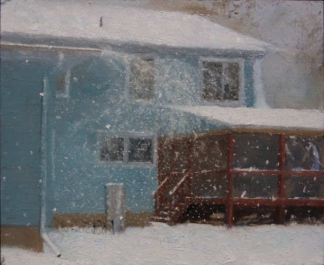 Oil painting of snow being blown off of roof, revealing vortices and eddies in air currents. Blue gray house with red porch in background.