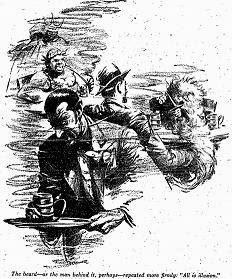 One of the illustrations by F Kramer, accompanying the original publication in Unknown magazine of short story All is Illusion by Henry Kuttner and C L Moore. Image shows the scene in the bar where the protagonist will fight with the midget magician.