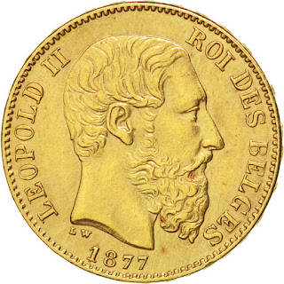 Belgium 20 Francs Gold Coin 1877 King Leopold II