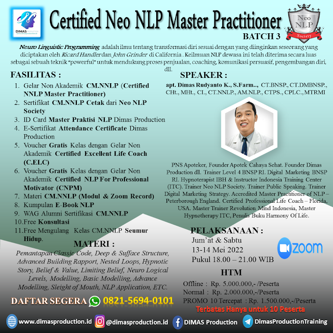 WA.0821-5694-0101 | Certified Neo Neuro Linguistic Programming Master Practitioner (CM.NNLP) Mei 2022 Batch 3