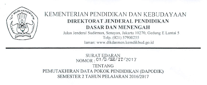 Download Surat Edaran Pemutakhiran DAPODIK Semester 2 Tahun Pelajaran 2016/2017