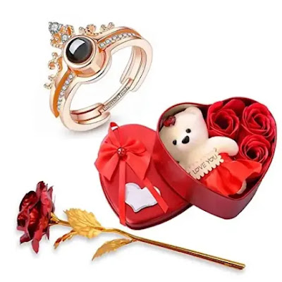 I Love You 100 Language Rose Gold Crown Ring with Artificial Red Rose