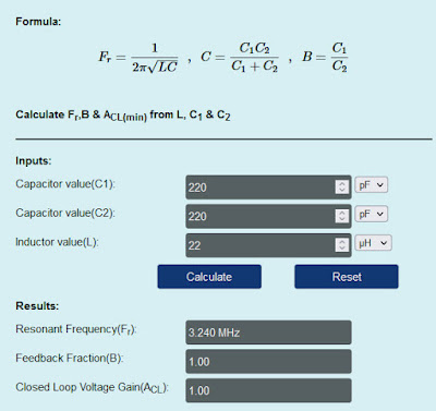 colpitts oscillator calculator