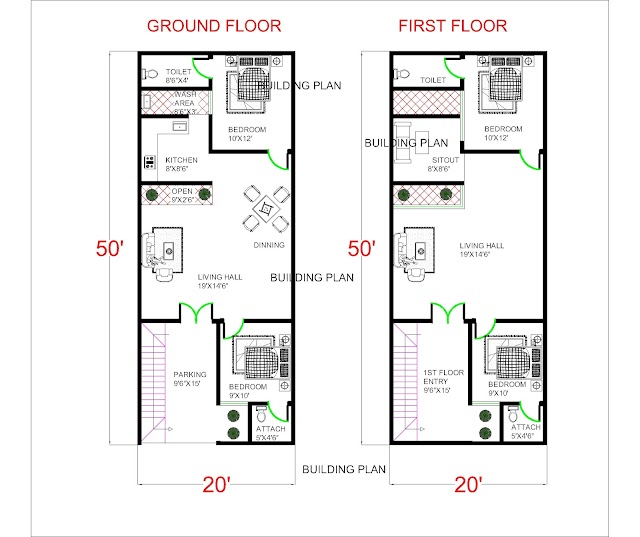 20X50 Houseplan|20x50 House design with column and plinth beam layout|1000 sqft house plans|modern house design|4bhk house design